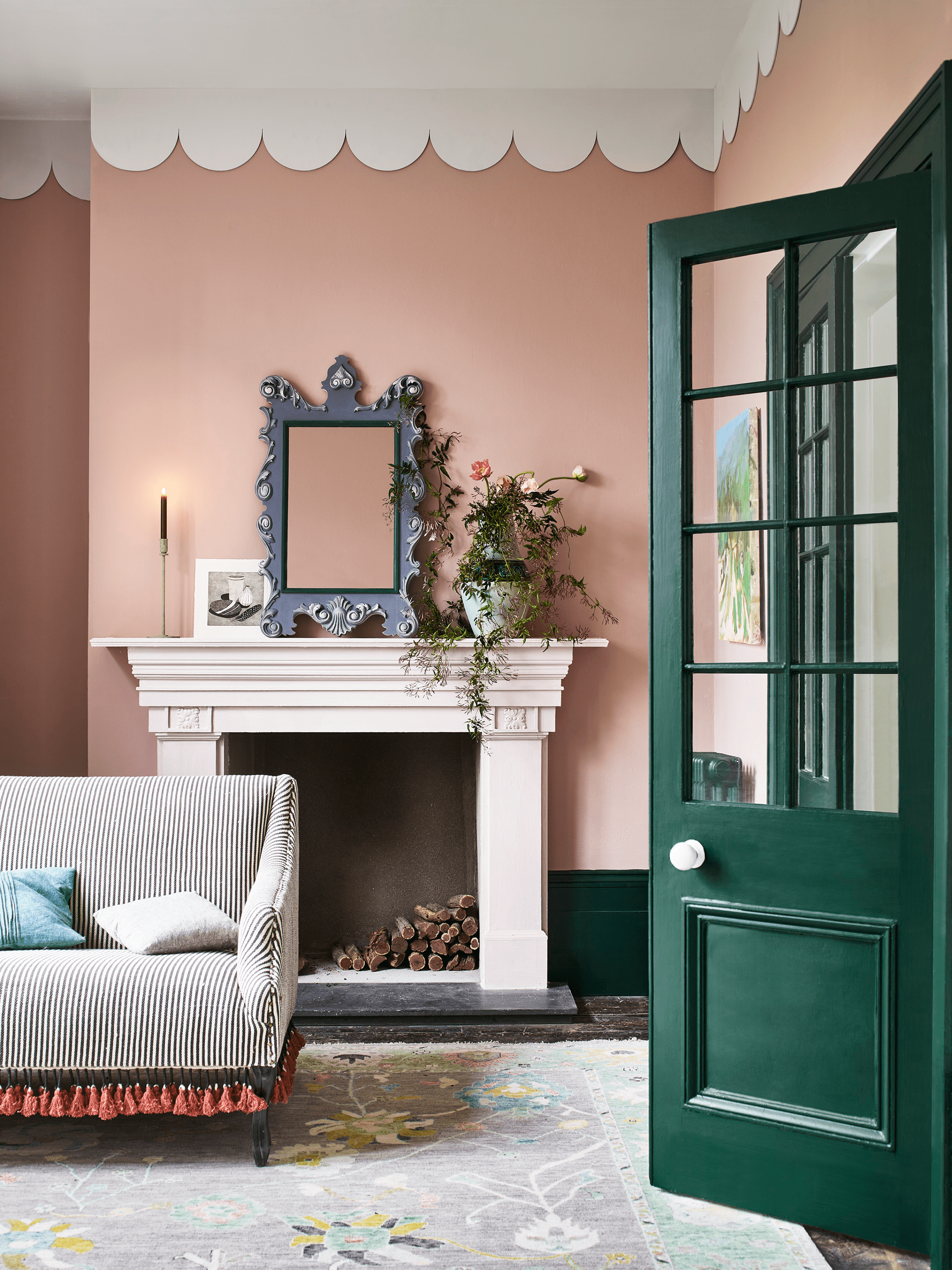 annie sloan living room satin paint in knightsbridge green and pointe silk, piranesi pink and adelphi wall paint, chalk paint in old violet lifestyle portrait (3) (1) min